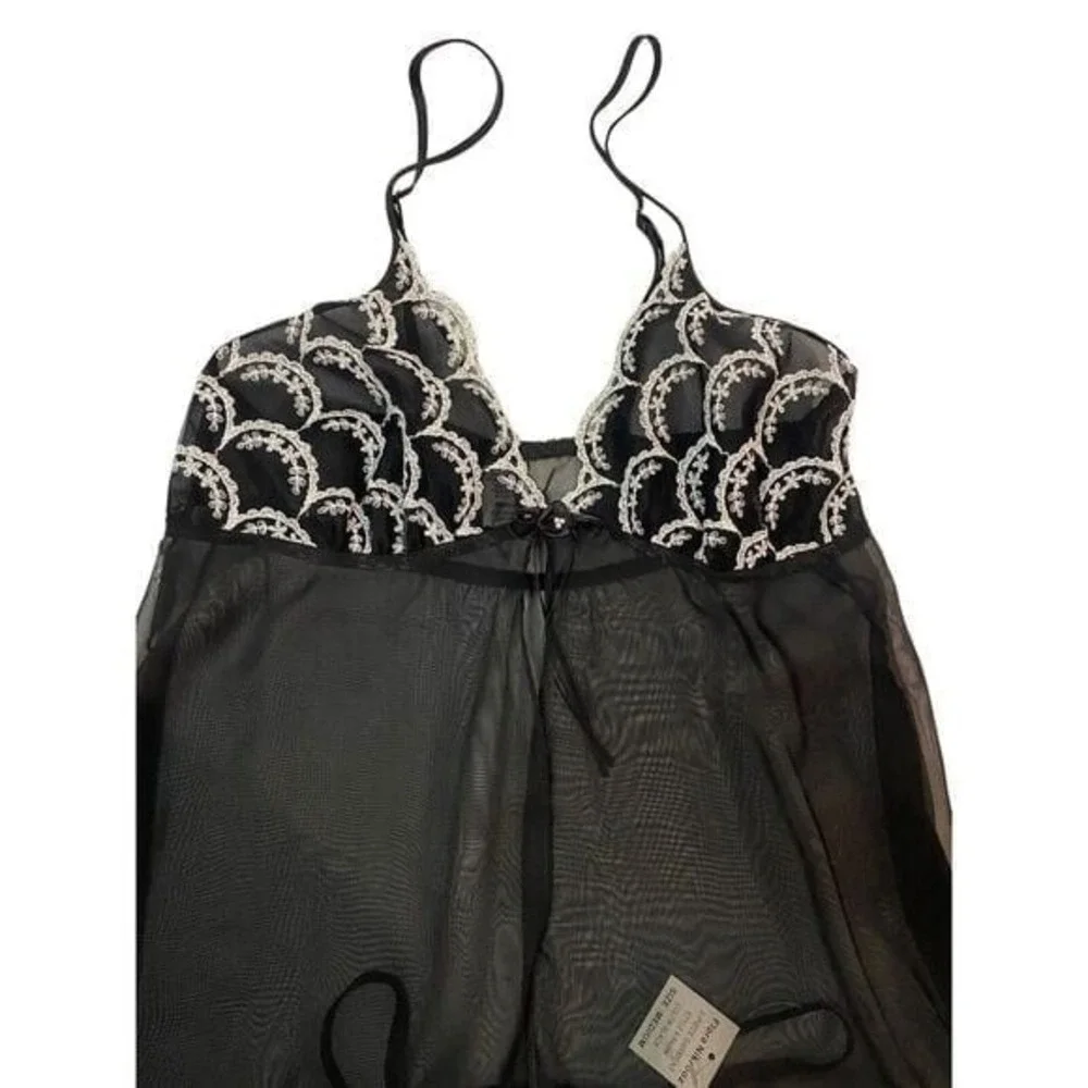 Black‎ Sheer Embroidered Bodice Open Front Teddy Slip Mini Dress Size Small